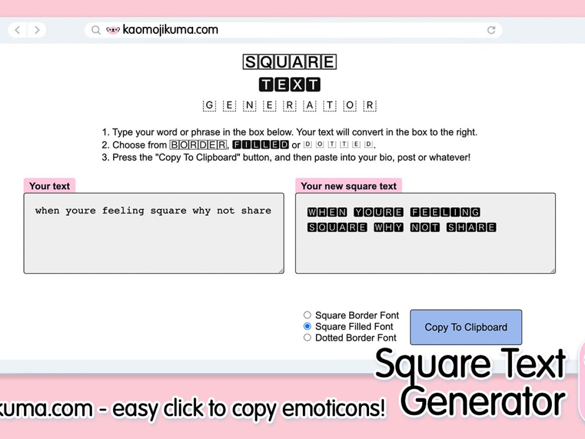 Square Text Generator - 🅱🅸🅶, 🄱🄾🄻🄳, 🇹 🇪 🇽 🇹